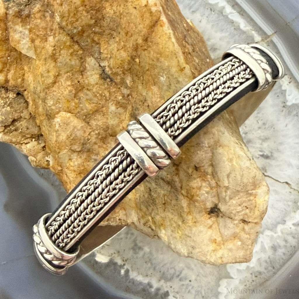 Vintage Braided Sterling Silver Over Black Leather Fashion Bracelet For Women