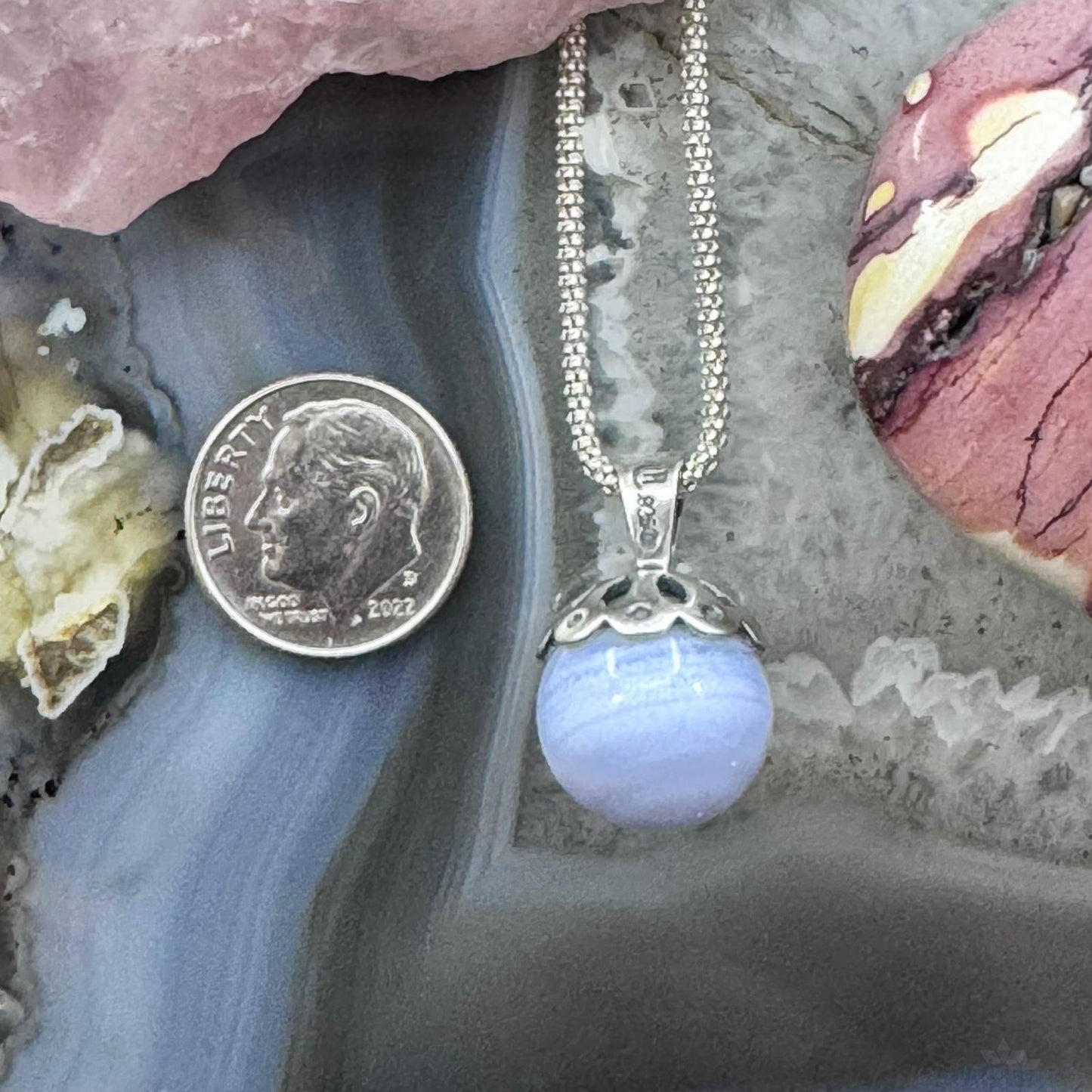 Carolyn Pollack Sterling Silver Round Blue Lace Agate Pendant With Necklace