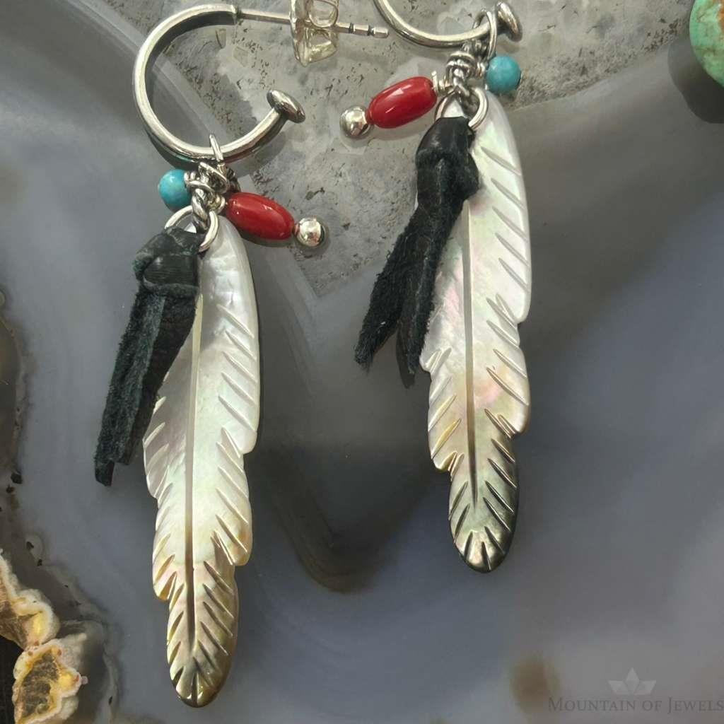 Carolyn Pollack Southwestern Style Sterling Silver MOP Etched Feather Dangle Earrings