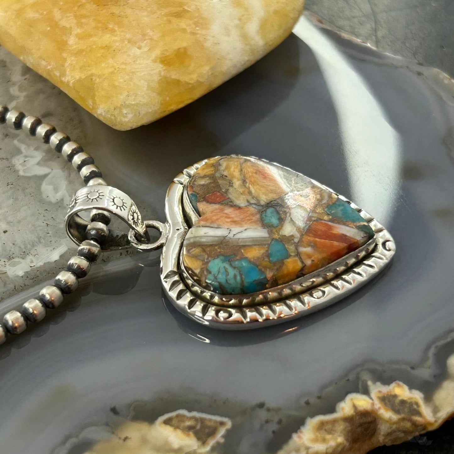 Sterling Silver Southwestern Style Turquoise Spiny Oyster Heart Pendant For Women