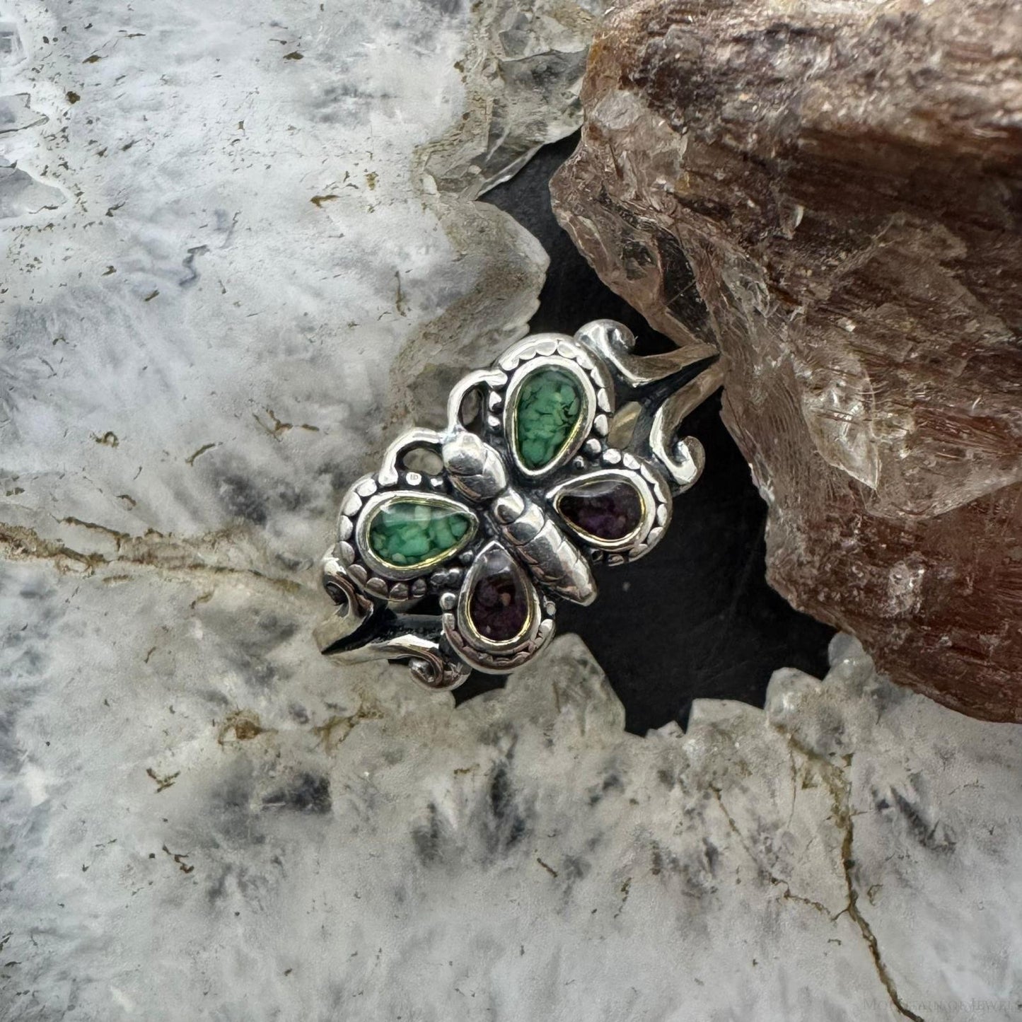 Carolyn Pollack Sterling Silver Turquoise & Amethyst Chip Inlay Butterfly Ring For Women