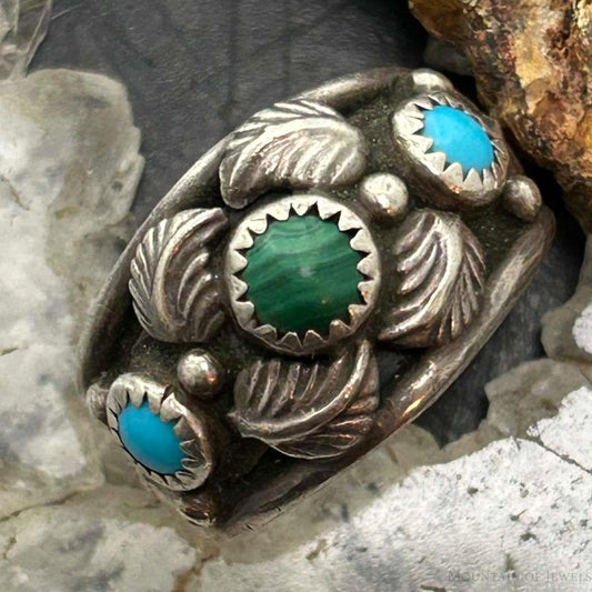 Vintage Native American Sterling Silver Turquoise & Malachite Decorated Ring Size 9.75