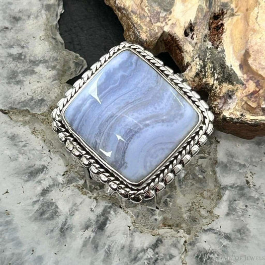 Sterling Silver Southwestern Style Square Blue Lace Agate Ring Size 7.5 For Women
