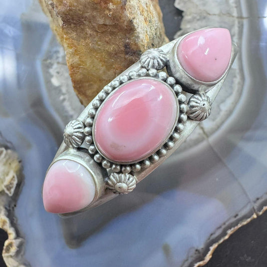 Native American Sterling Silver 3 Pink Conch Flexible Split Shank Bracelet For Women