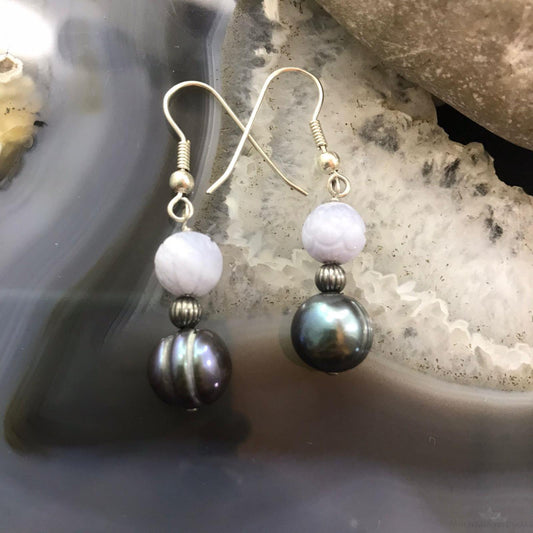 Carolyn Pollack Sterling Silver Blue Lace Agate & Fresh Water Pearl Dangle Earrings For Women