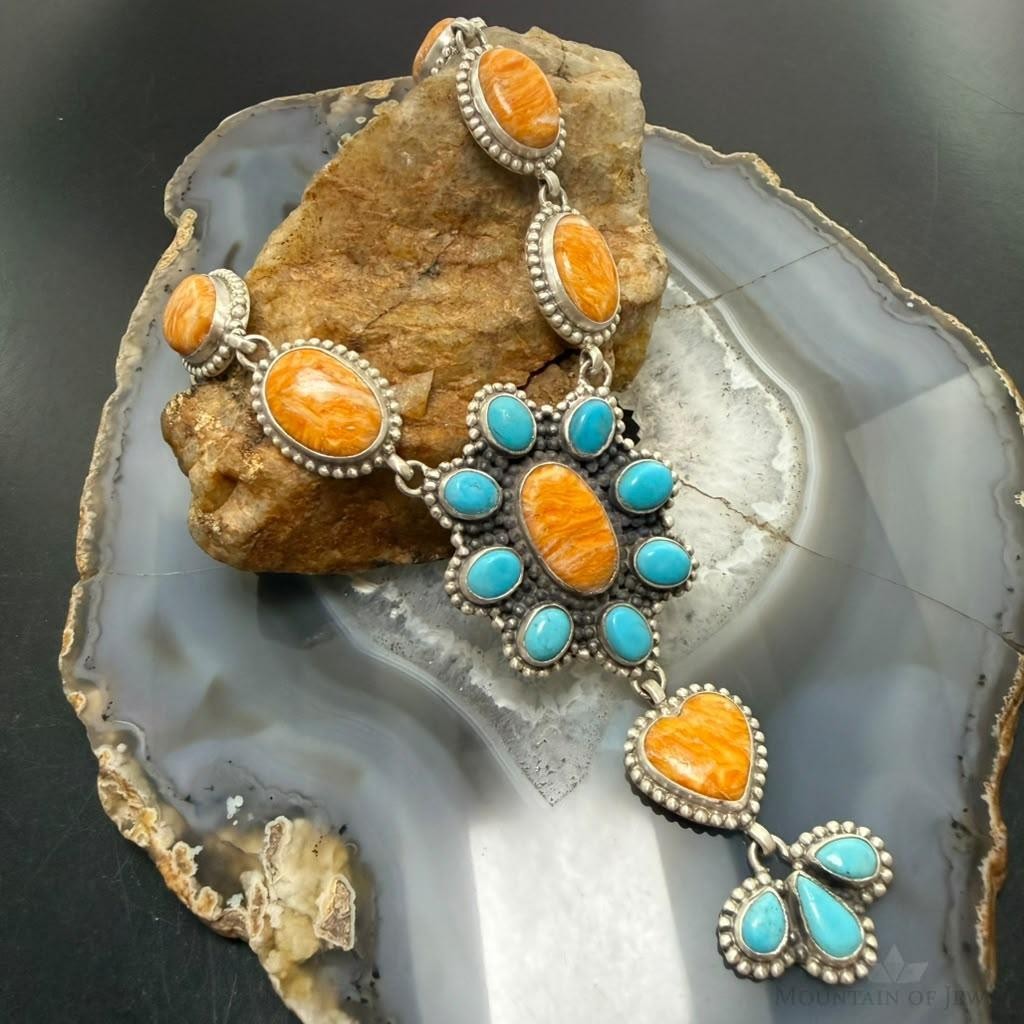 Sterling Silver Southwestern Style Spiny Oyster&Turquoise Cluster Lariat 23.5" Necklace For Women