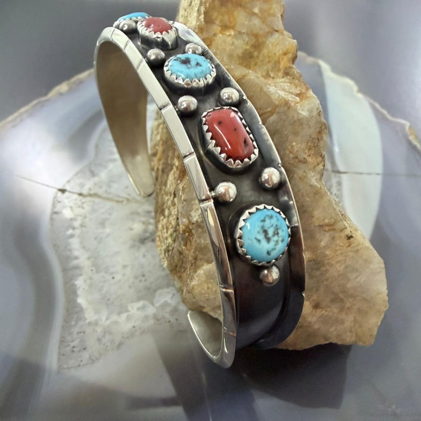 Reed Charley Native American Sterling Silver Turquoise & Coral Row Bracelet For Women