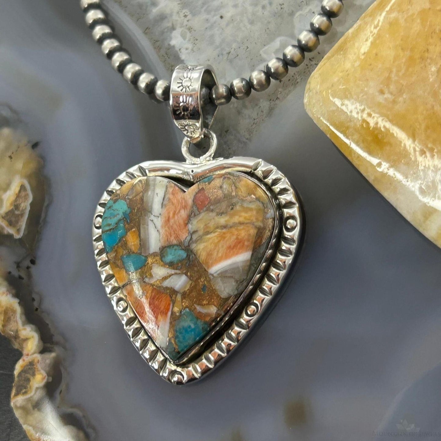 Sterling Silver Southwestern Style Turquoise Spiny Oyster Heart Pendant For Women