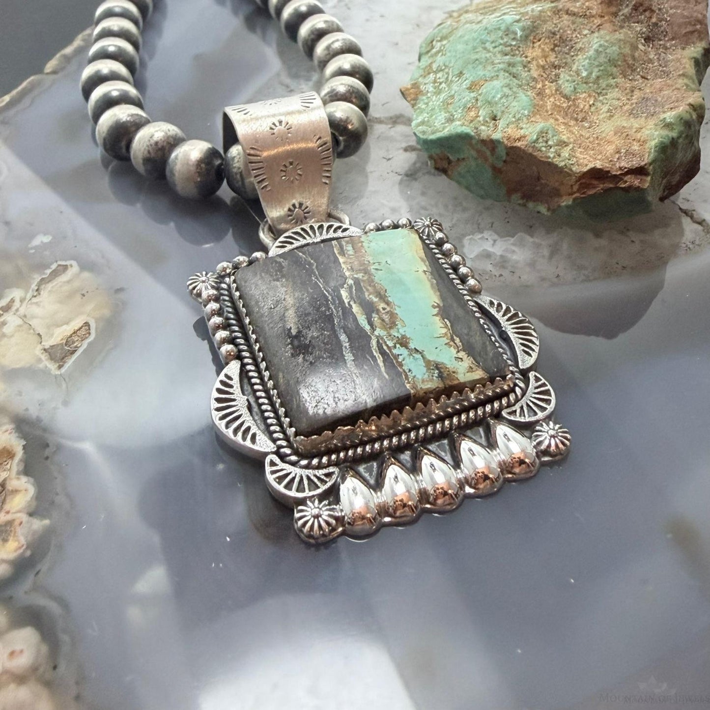 Sterling Silver Southwestern Style Square Blackjack Turquoise Pendant For Women