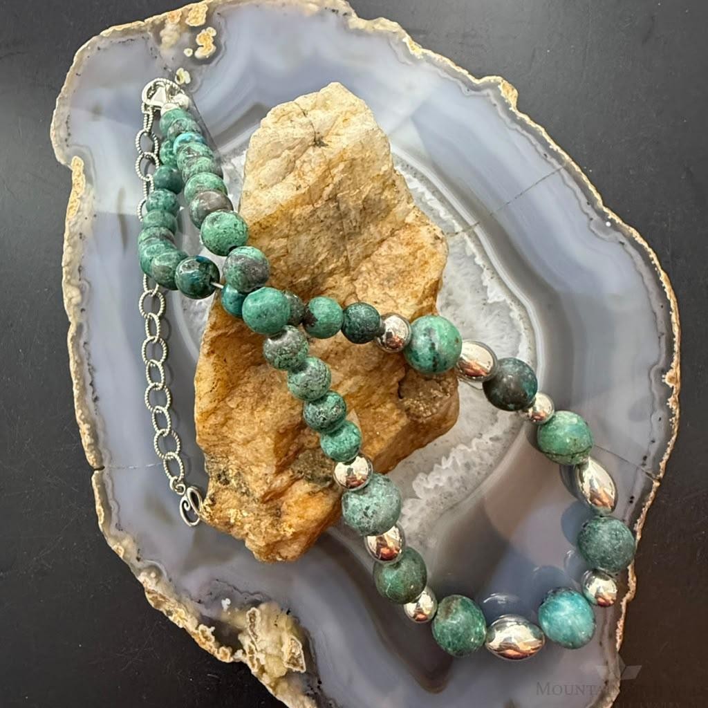 Carolyn Pollack Sterling Silver Chrysocolla Beads & Silver Beads 16"-20" Necklace For Women