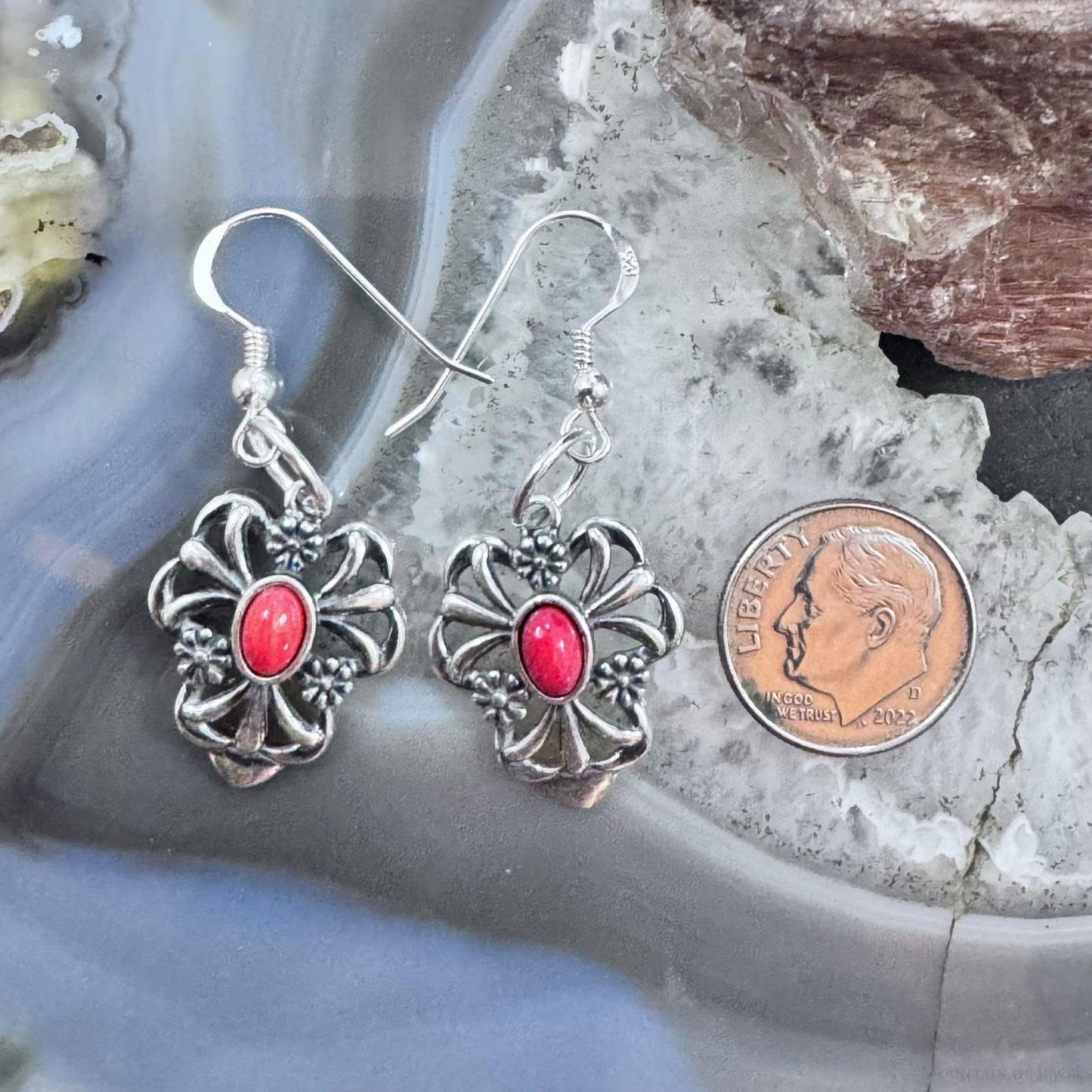 Carolyn Pollack Sterling Silver Red Jasper Floral Dangle Earrings For Women