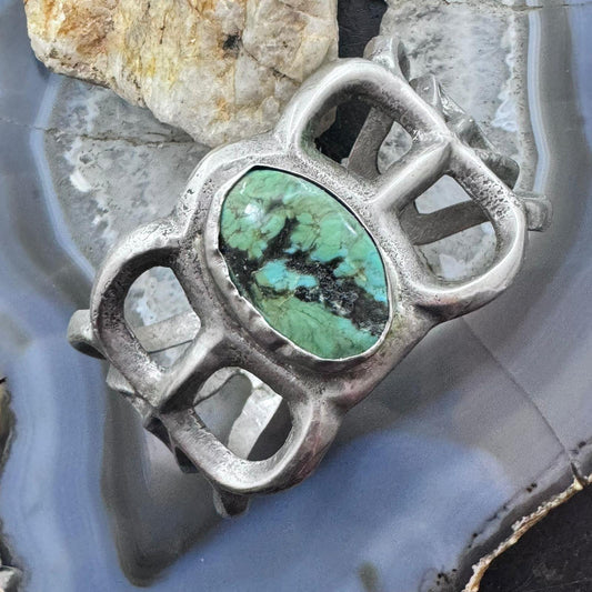 Native American Signed Vintage Silver Turquoise Sandcast Bracelet For Women