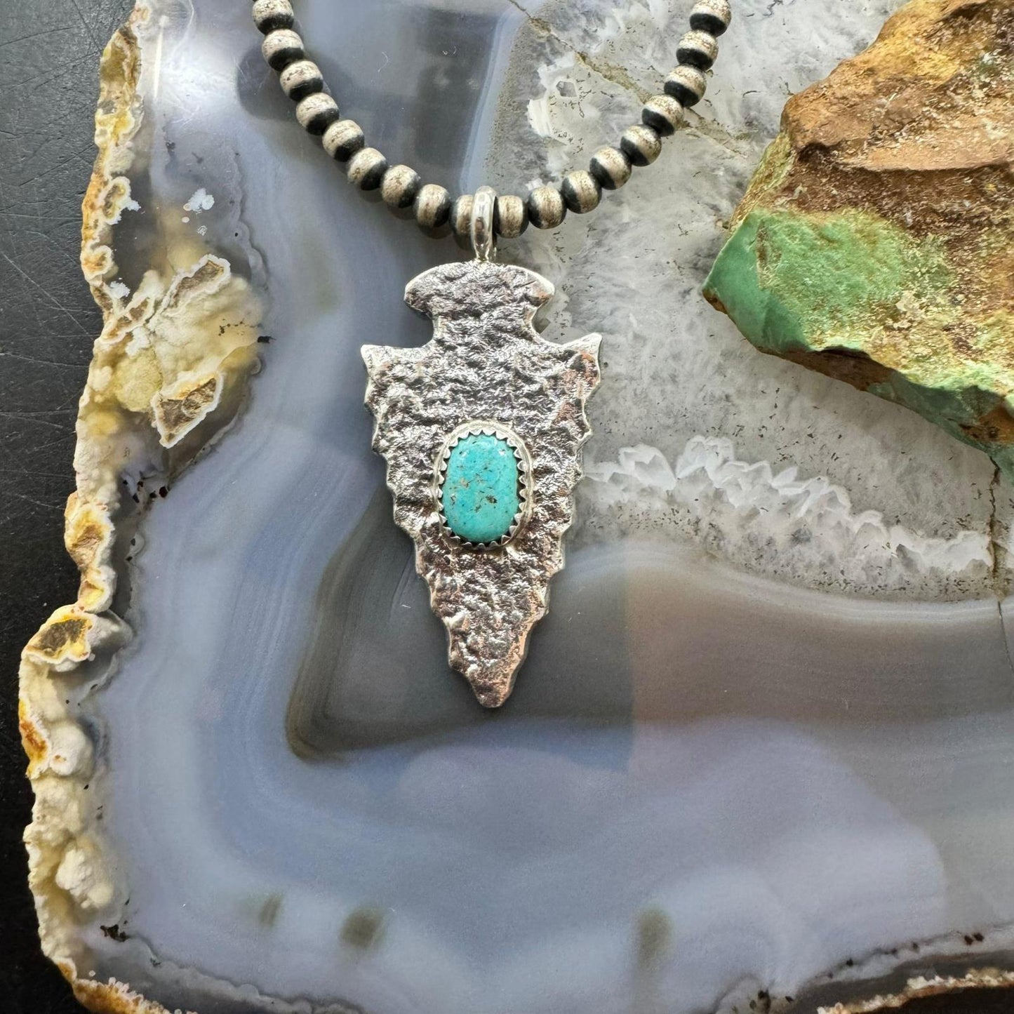 Gary Custer Native American Navajo Sterling Silver Tufa Cast Turquoise Arrowhead Unisex Pendant #2