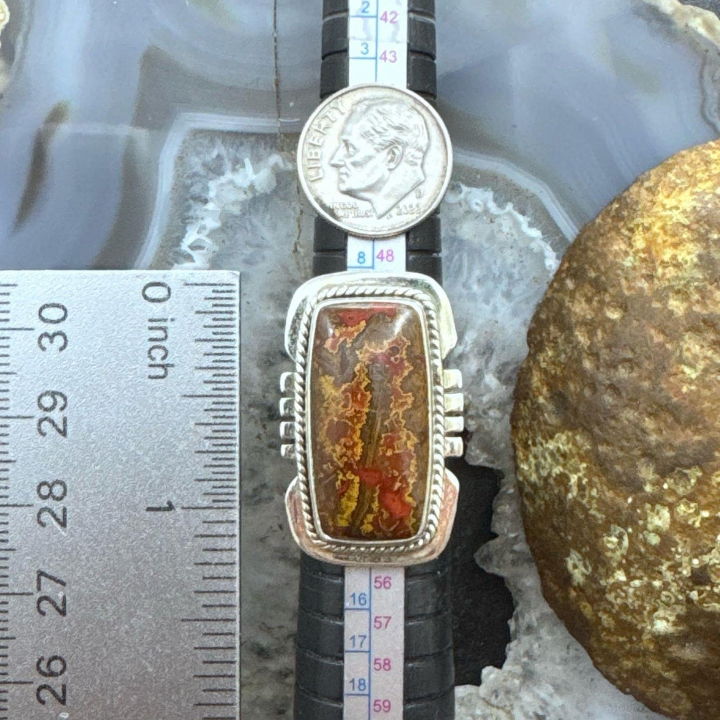 Sterling Silver Southwestern Style Moroccan Seam Agate Bar Ring Size 6 For Women