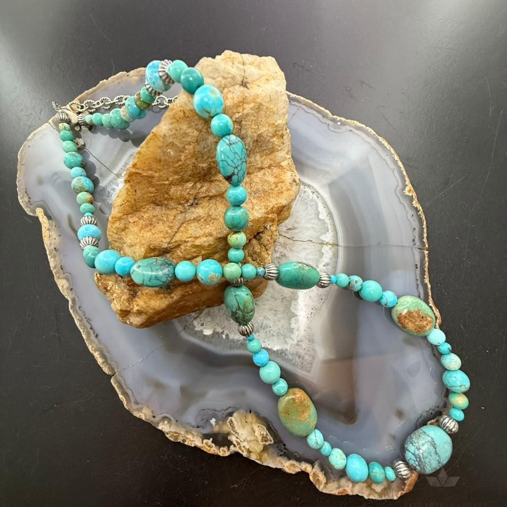 Carolyn Pollack Sterling Silver Round & Oval Turquoise Beads Decorated 20"-22" Necklace For Women