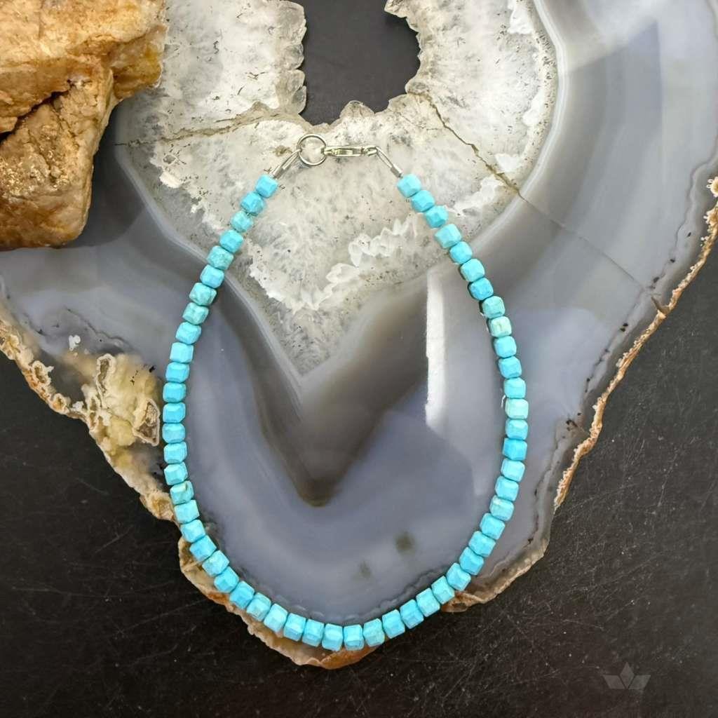 Sterling Silver Faceted Square Turquoise Beads Bracelet/Anklet For Women