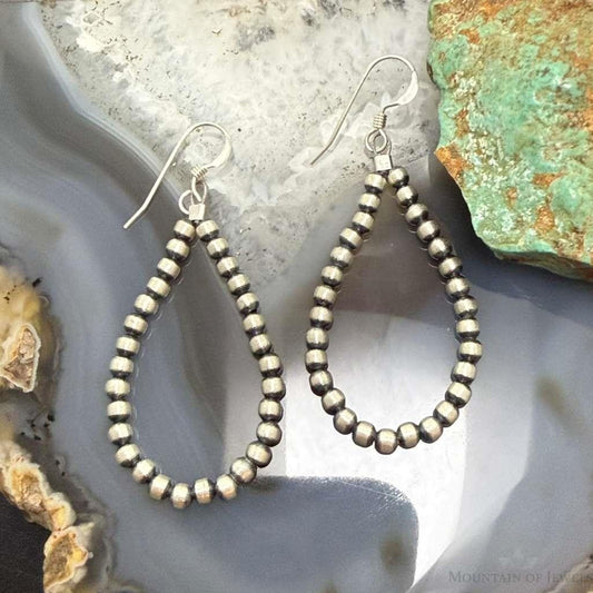 Sterling Silver Southwestern Style 3mm Navajo Pearl Bead Hoop Earrings For Women