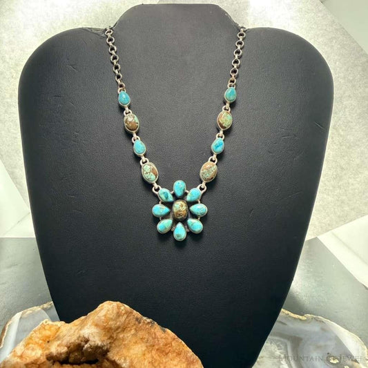 Sterling Silver Southwestern Style Turquoise 20" Cluster Necklace For Women