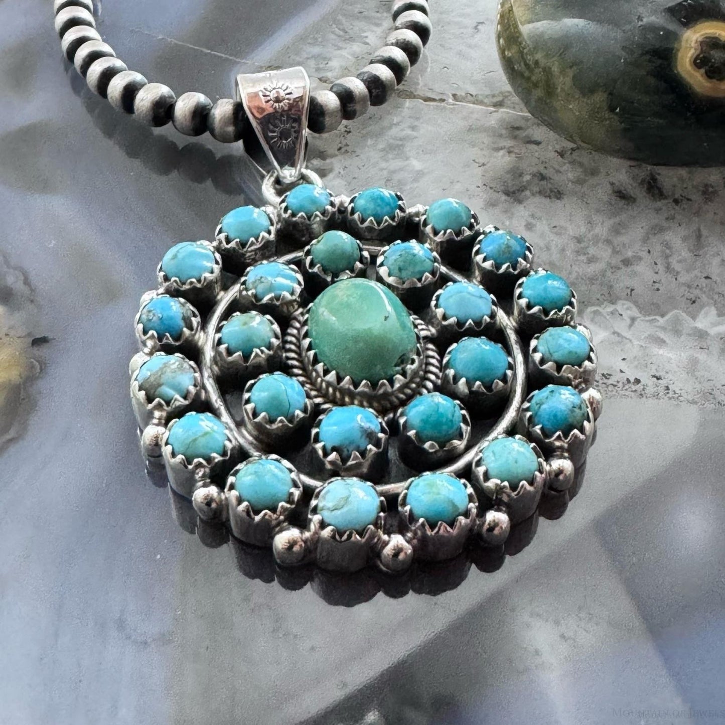 Sterling Silver Southwestern Style Rounded Turquoise Round Cluster Pendant For Women
