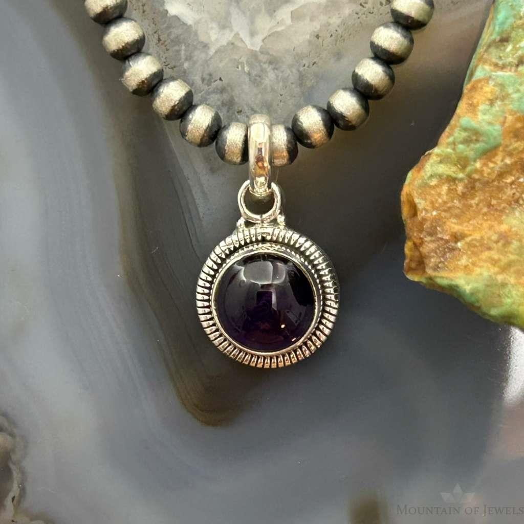 Sterling Silver Southwestern Style Round Amethyst Decorated Charm/Pendant For Women
