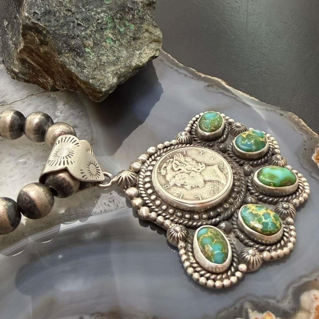 Sterling Silver Southwestern Style 1944 Mercury Dime & Sonora Gold Turquoise Pendant
