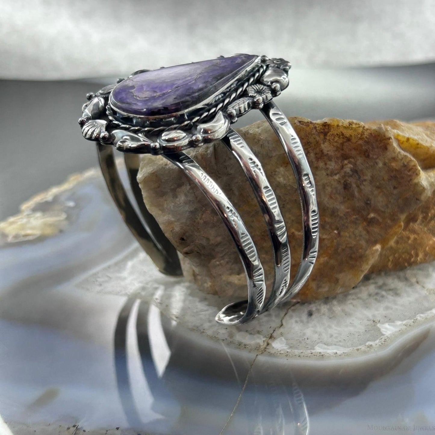 Sterling Silver Southwestern Style Large Teardrop Charoite Decorated Bracelet For Women