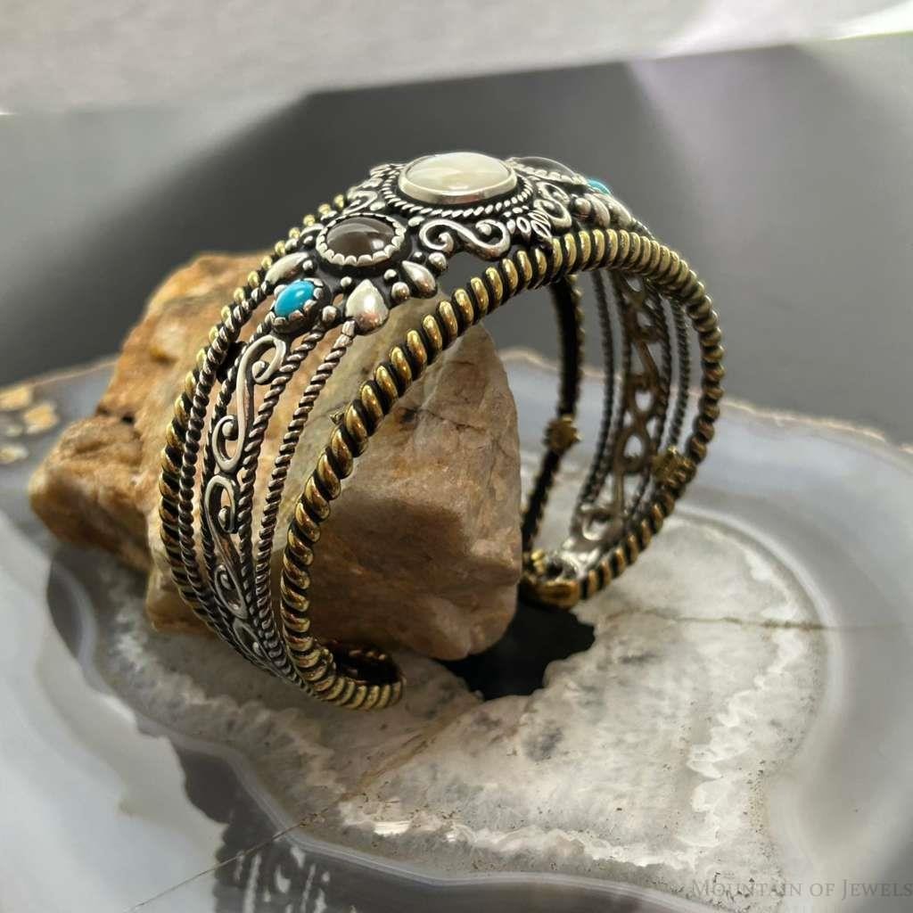 Carolyn Pollack Sterling Silver & Brass MOP, Smoky Quartz, Turquoise Bracelet For Women