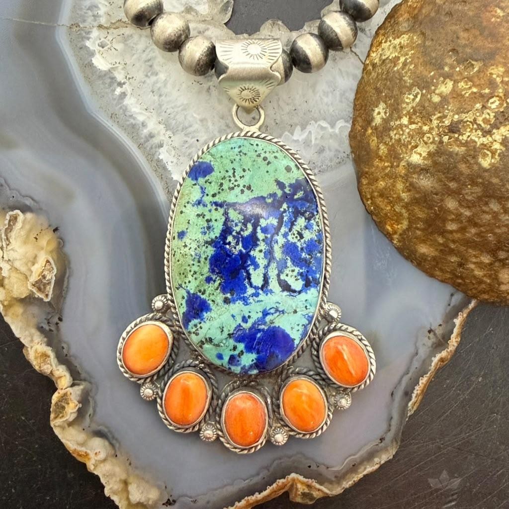 Sterling Silver Southwestern Style Azurite Chrysocolla & Spiny Oyster Decorated Pendant