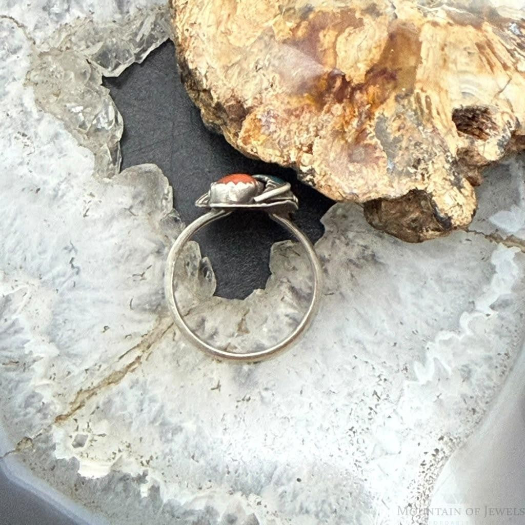Vinatge Native American Silver Coral & Turquoise Leaf Ring Size 7.5 For Women