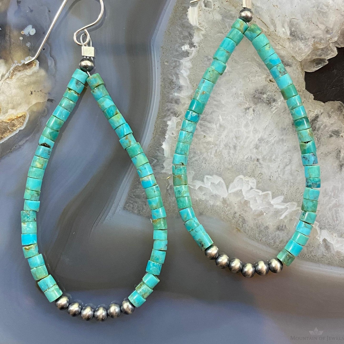 Sterling Turquoise Beads and Navajo Pearl Beads Hoop Earrings For Women