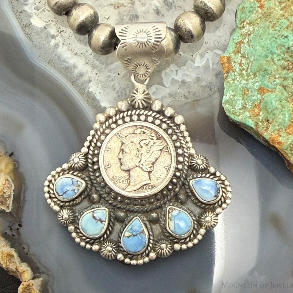 Sterling Silver Southwestern Style 1945 Mercury Dime & Golden Hill Turquoise Pendant