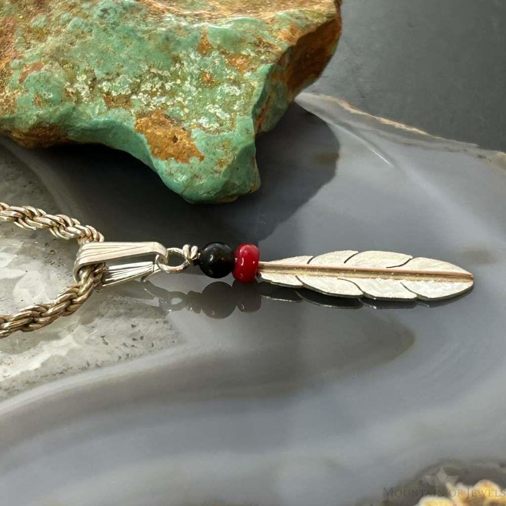 Anthony Gatewood Sterling Silver Onyx & Coral Beads Feather Pendant For Women