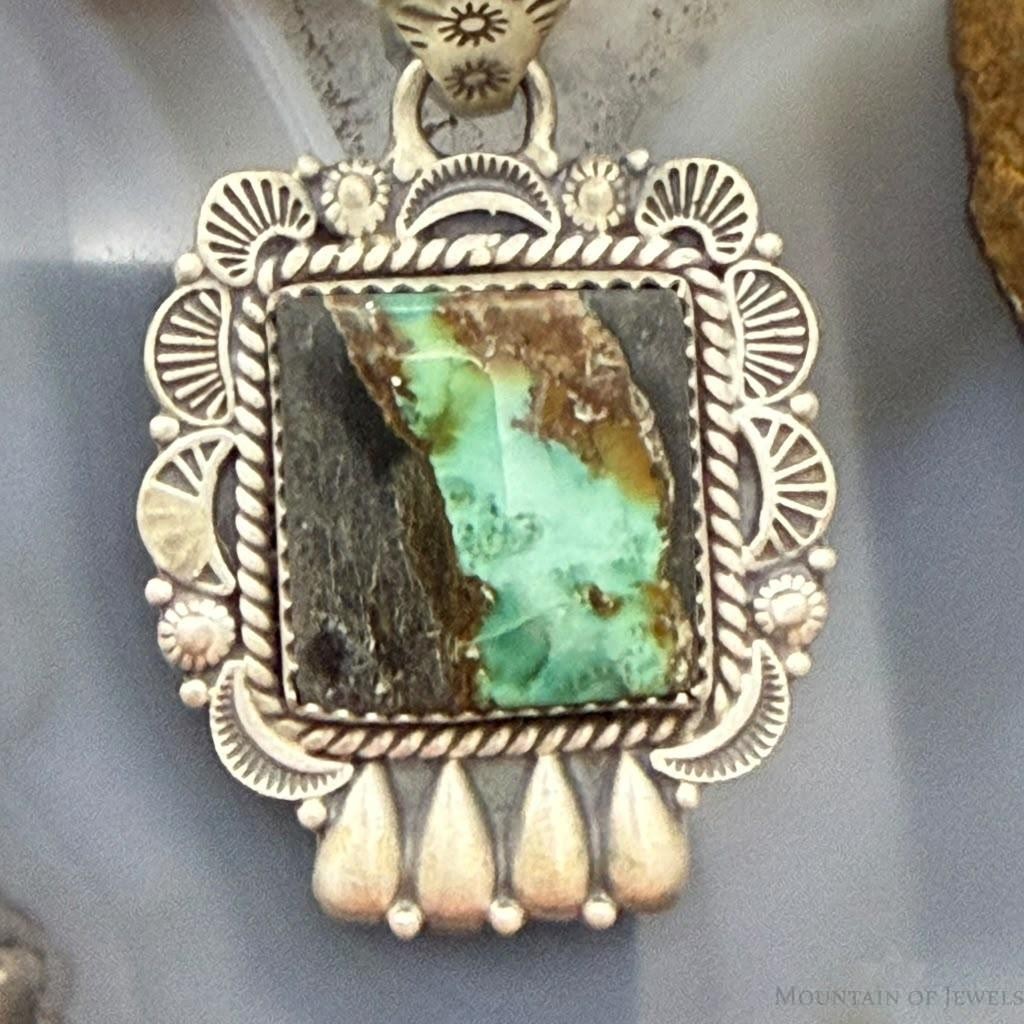 Sterling Silver Southwestern Style Square Blackjack Turquoise Decorated Pendant For Women