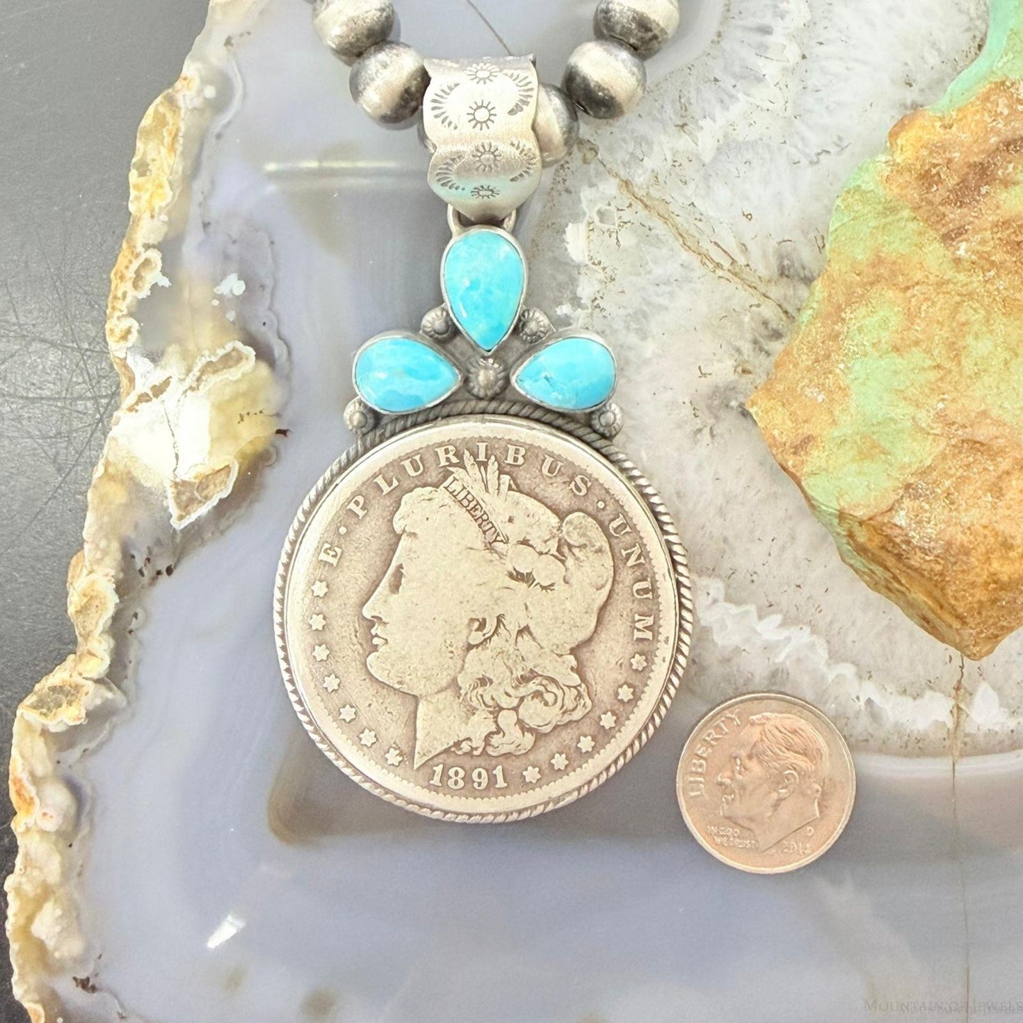 Genuine 1891 90% Silver Morgan Dollar Coin Teardrop Turquoise Decorated Pendant