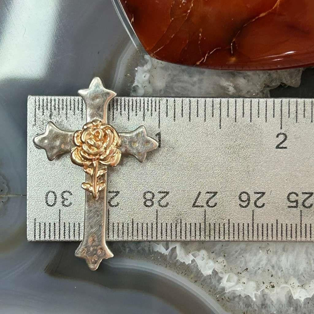 Sterling Silver Hammered Decorated Cross Pendant with Copper Rose For Women