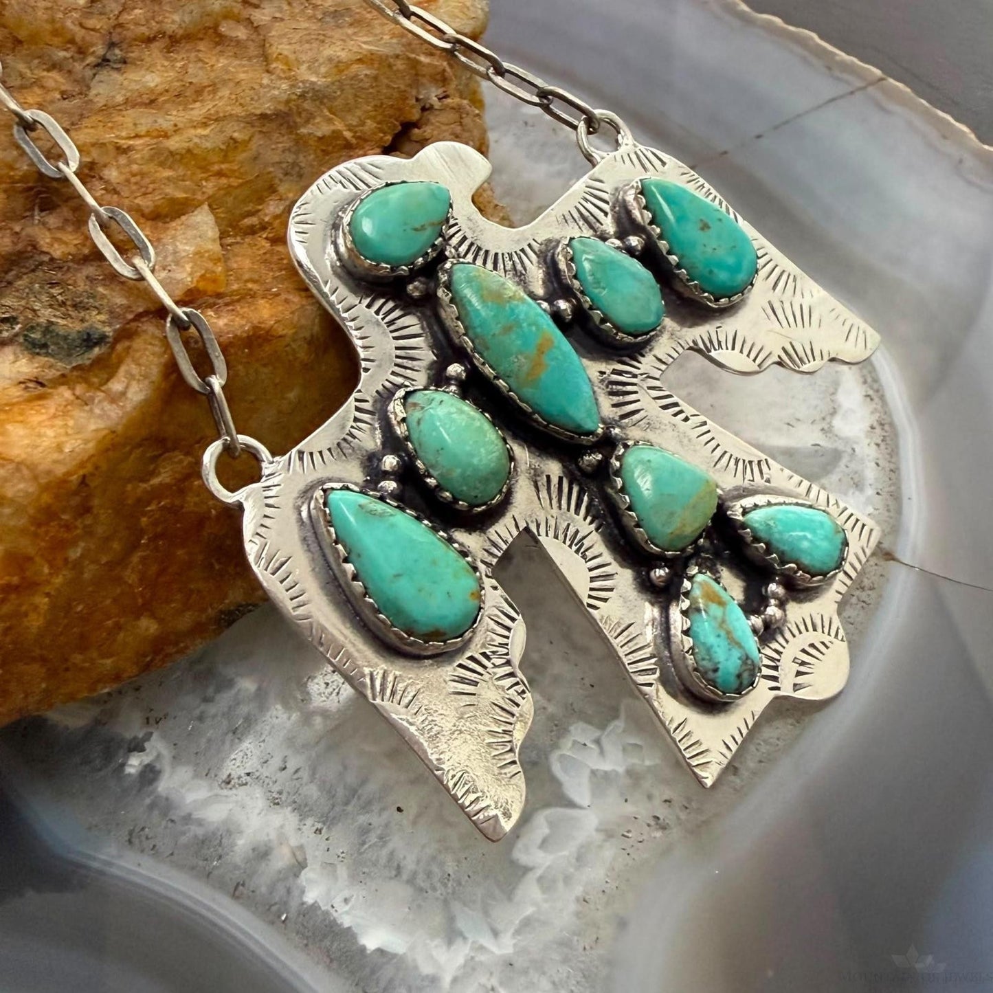 Sterling Silver Southwestern Style Kingman Turquoise Thunderbird Pendant Necklace For Women #3