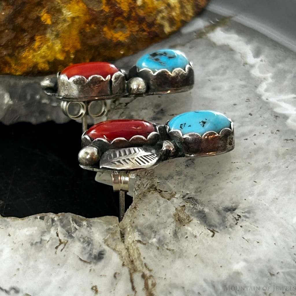 Native American Silver Turquoise & Coral Leaf Decorated Stud Earrings For Women