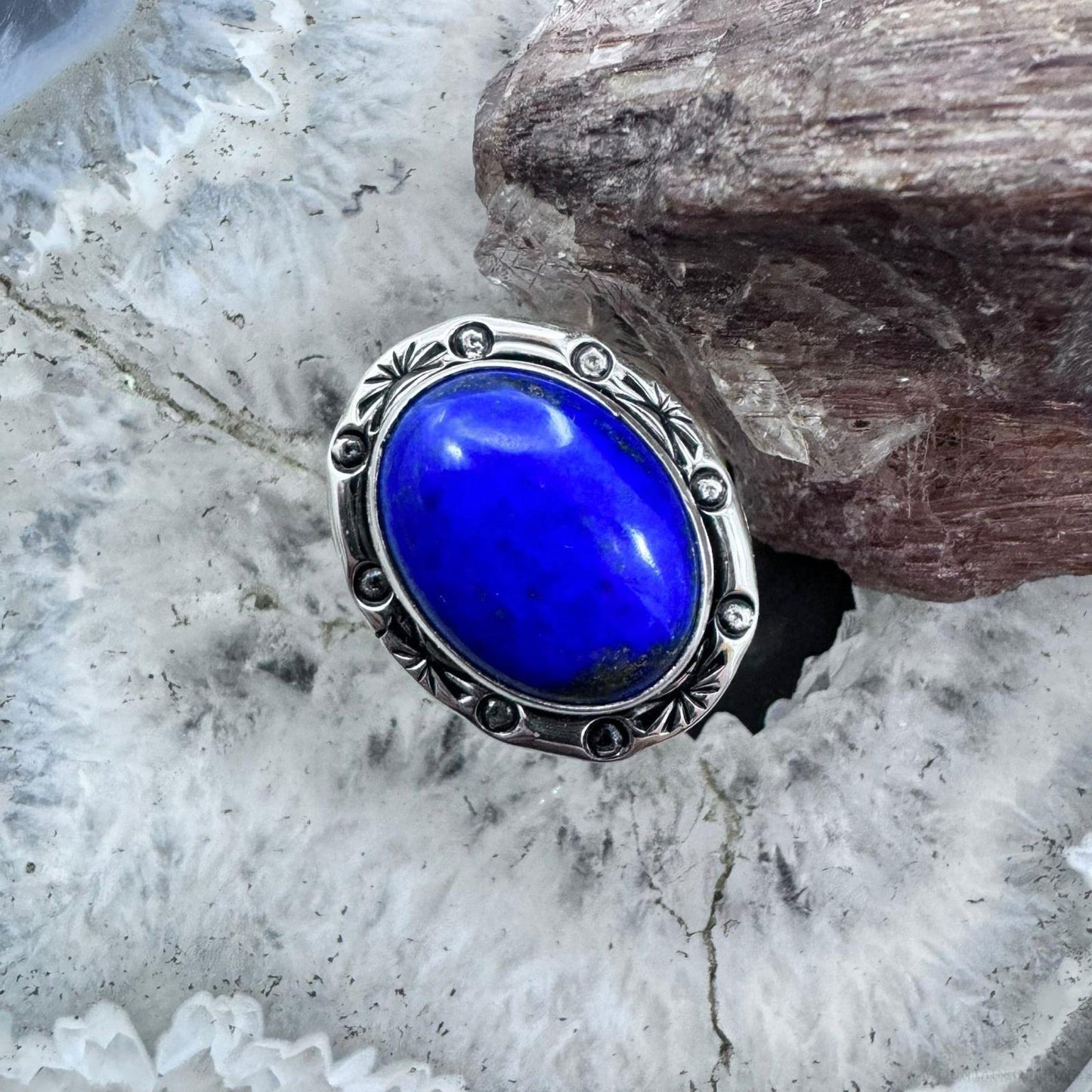 Native American Sterling Silver Oval Lapis Decorated Ring Size 7 For Women