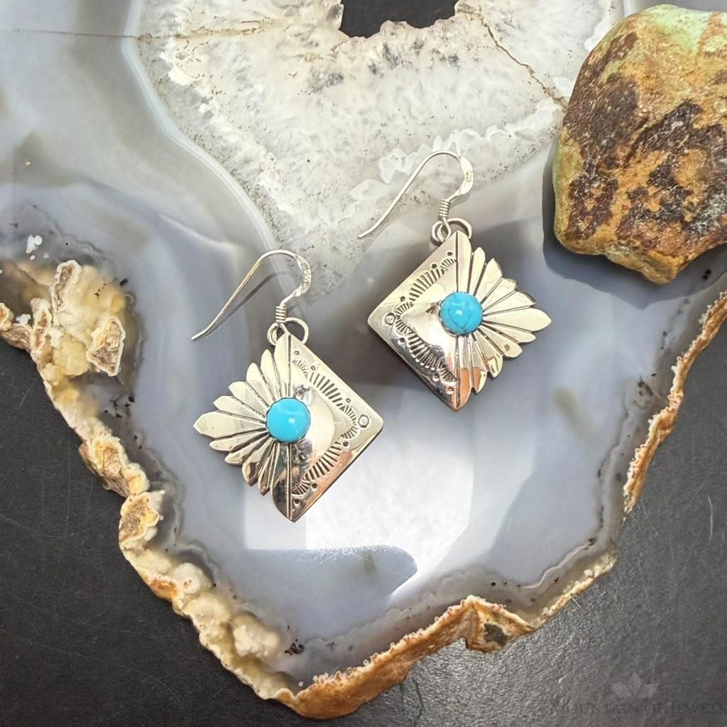 Michael Nez Sterling Silver Turquoise Pueblo Life Dangle Earrings For Women