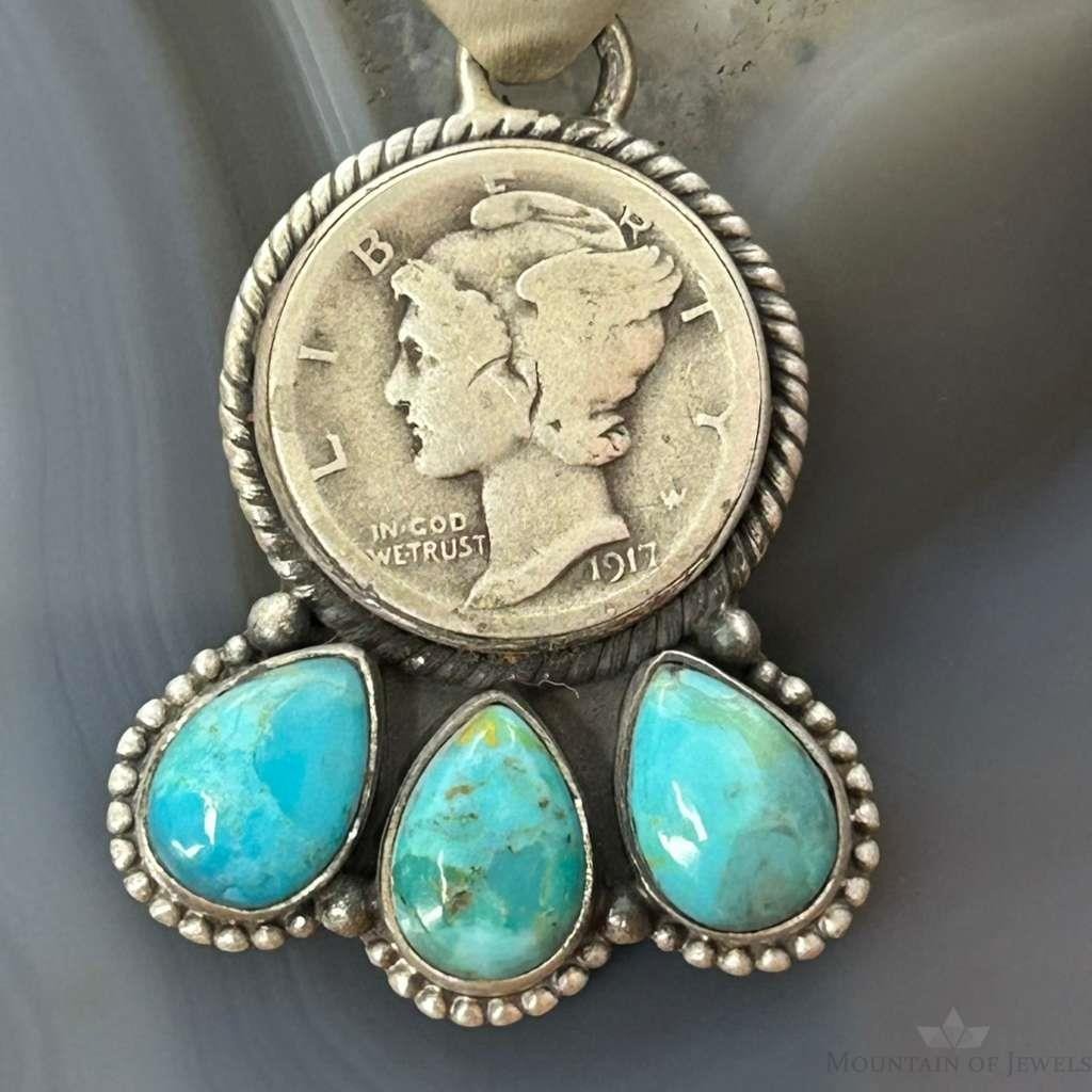 Genuine 1917 90% Silver Mercury Dime Coin w/Teardrop Turquoise Decorated Unisex Pendant