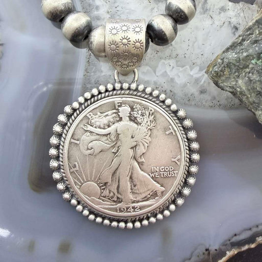 Genuine 90% Silver 1942 US Walking Liberty Half Dollar Decorated Unisex Pendant