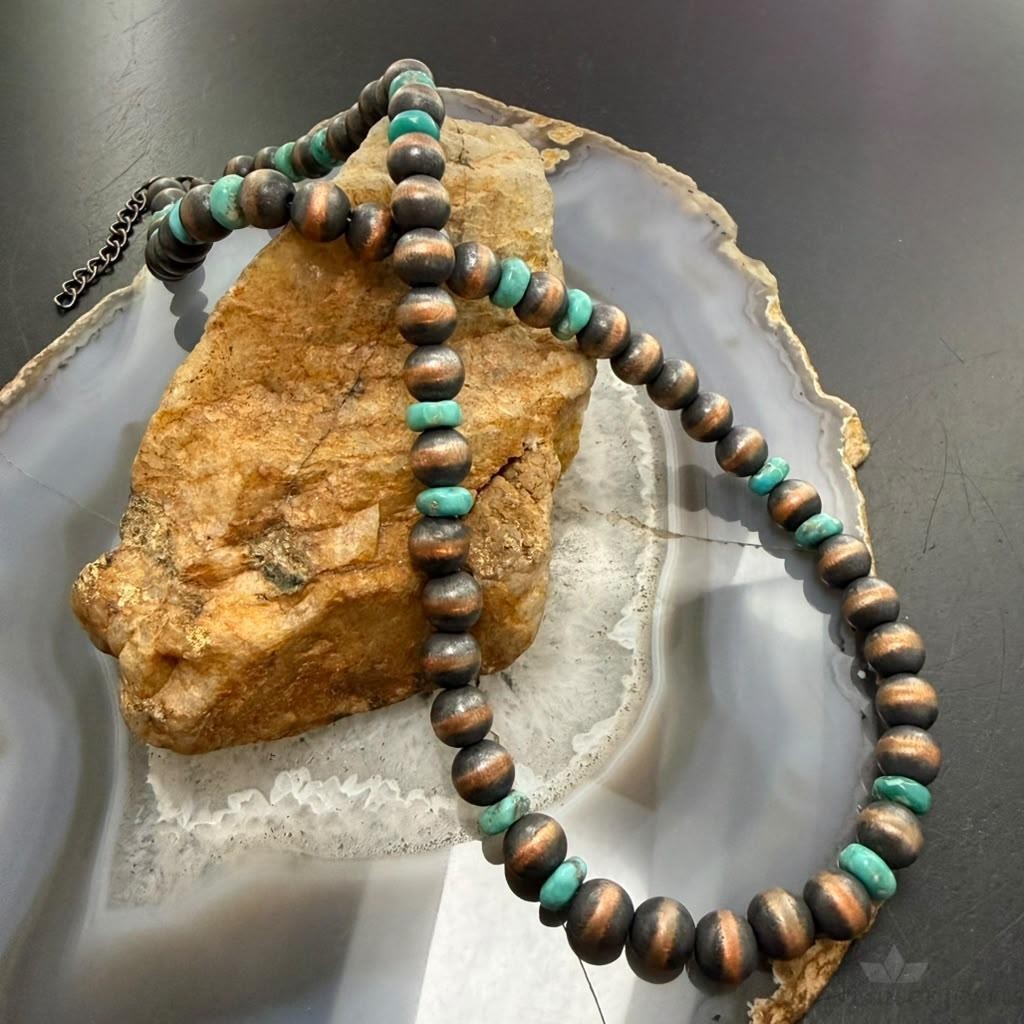 Southwestern Style 8mm Copper Navajo Pearl Round & Turquoise 18"-20" Necklace