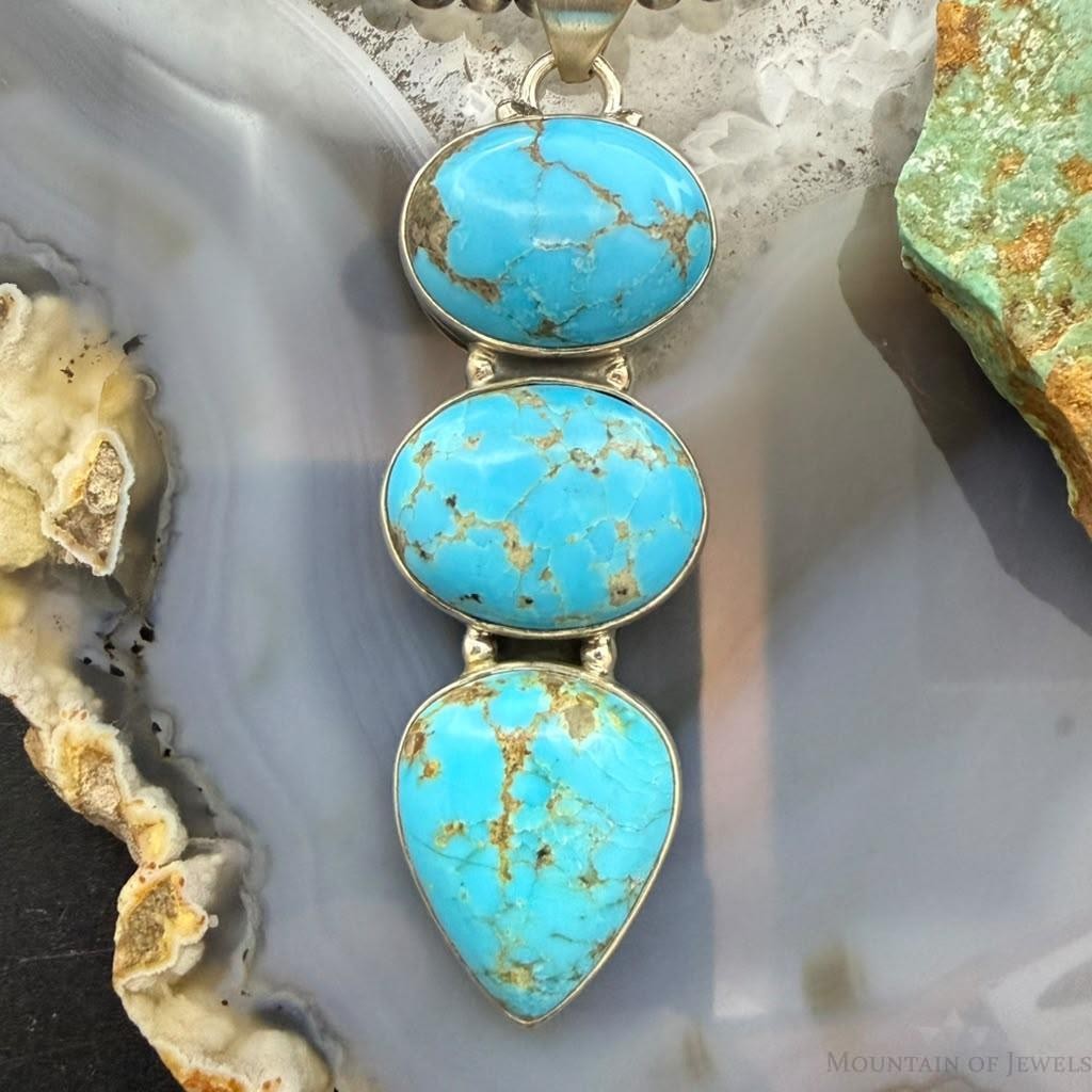 Sterling Silver Southwestern Style 3 Kingman Turquoise Pendant For Women #2