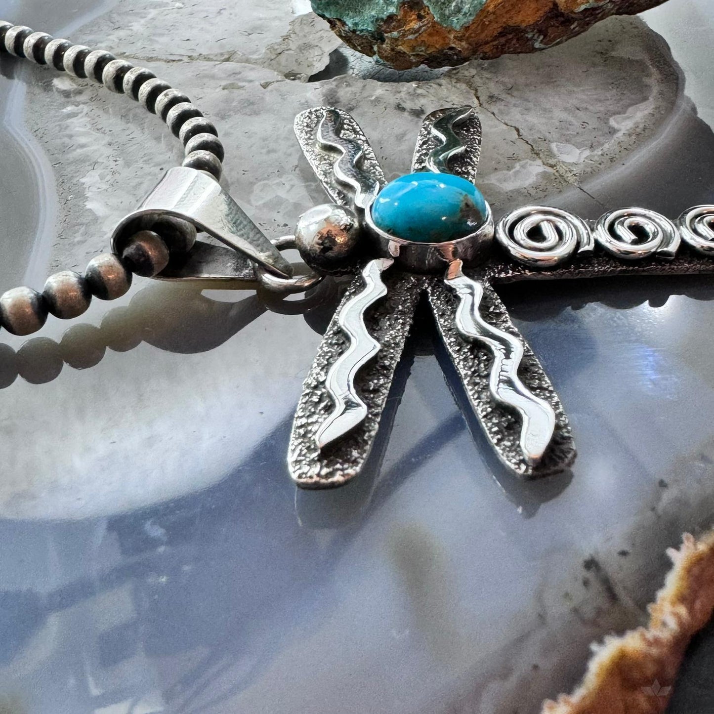 Alex Sanchez Native American Sterling Silver Turquoise & Petroglyph Dragonfly Unisex Pendant