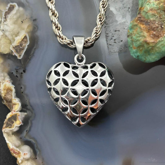 Sterling Silver Lattice Cut Out Hollowed Heart Pendant For Women