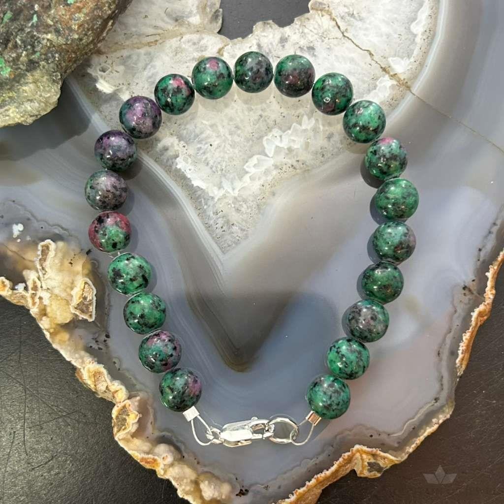 Sterling Silver Ruby Zoisite Beads 8" Bracelet For Women