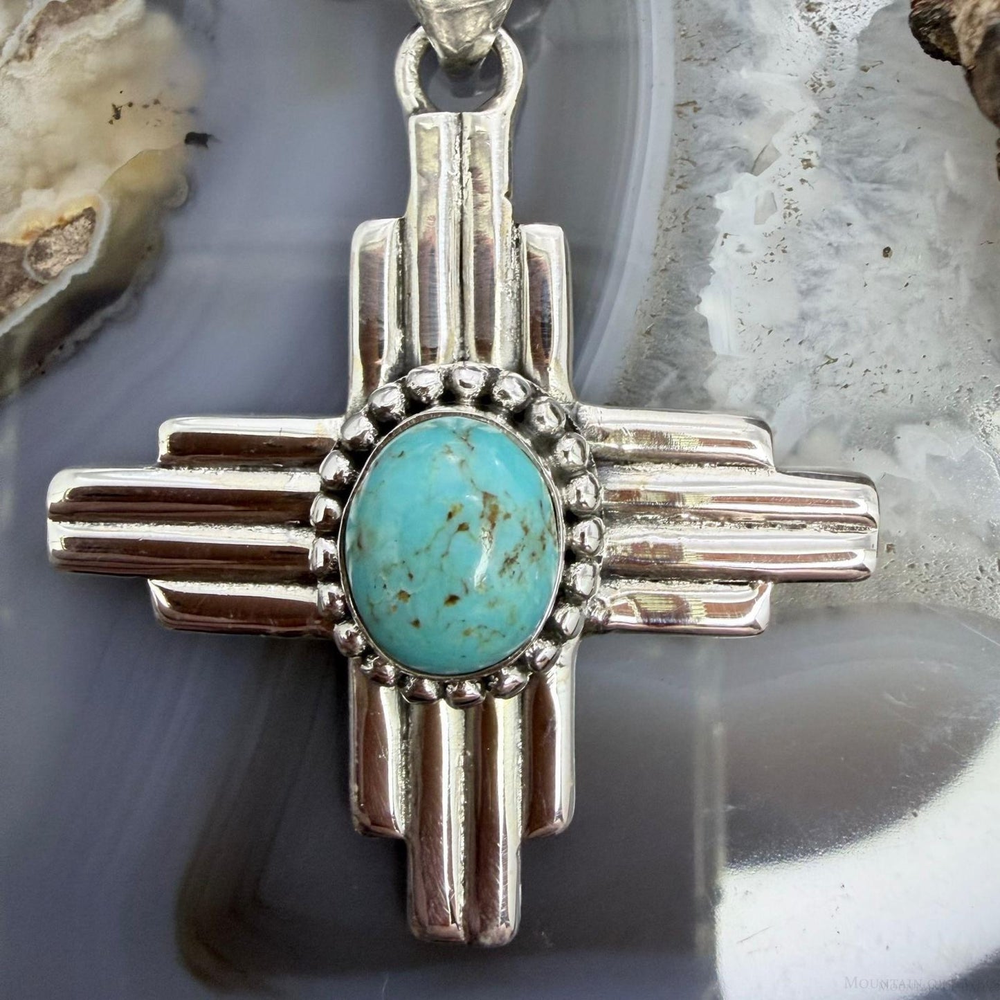 Sterling Silver Southwestern Style Oval Mohave Turquoise Unisex Zia Pendant #3