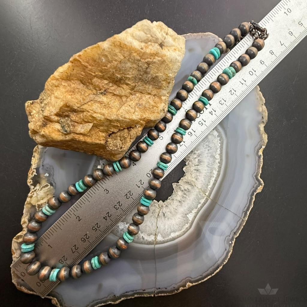 Southwestern Style Copper 8mm Navajo Pearl Beades &Turquoise Disk Necklace For Women