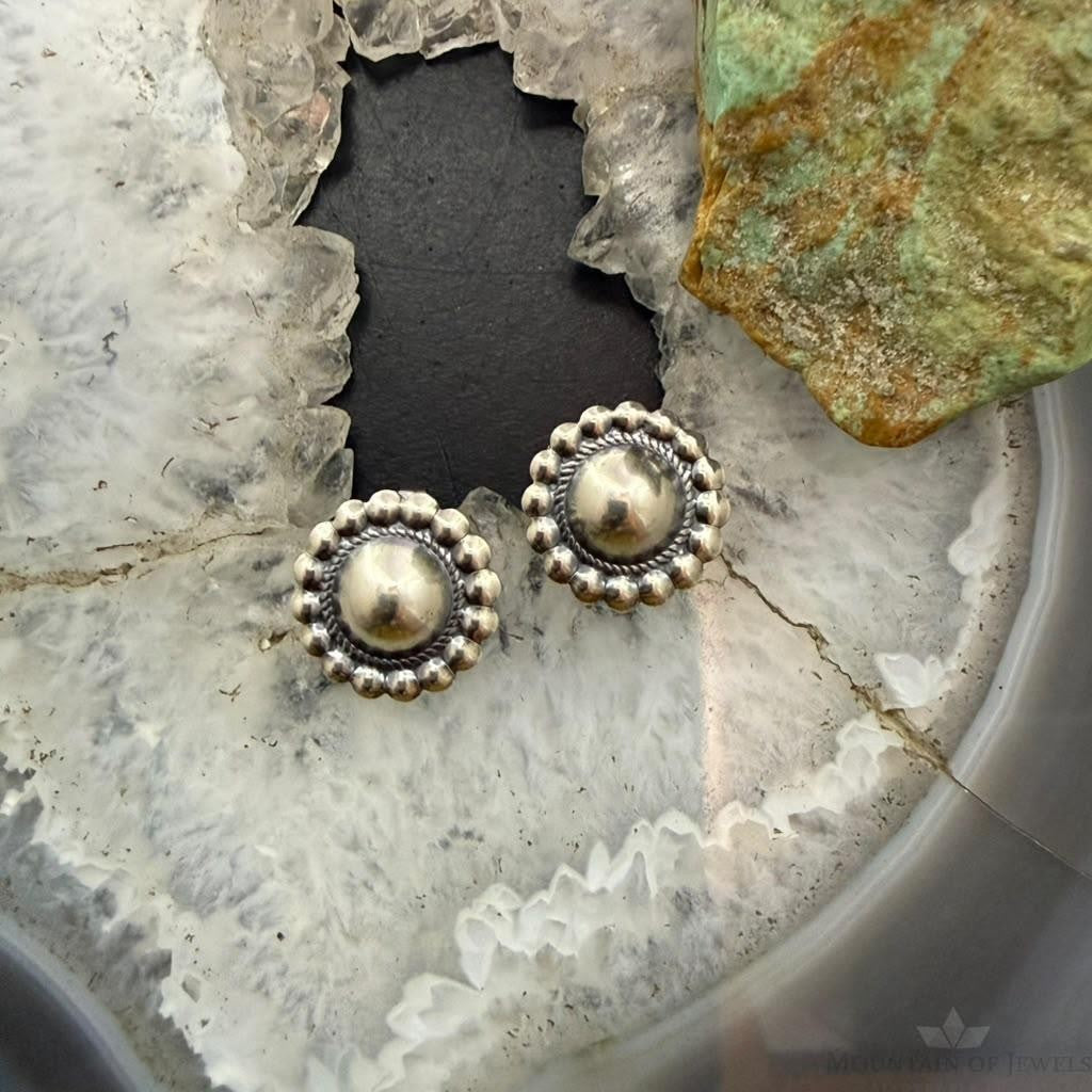 Native American Sterling Silver Round Dome Decorated Stud Earrings For Women