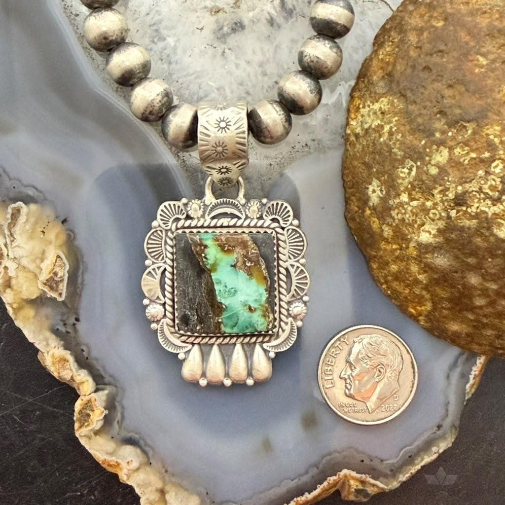 Sterling Silver Southwestern Style Square Blackjack Turquoise Decorated Pendant For Women
